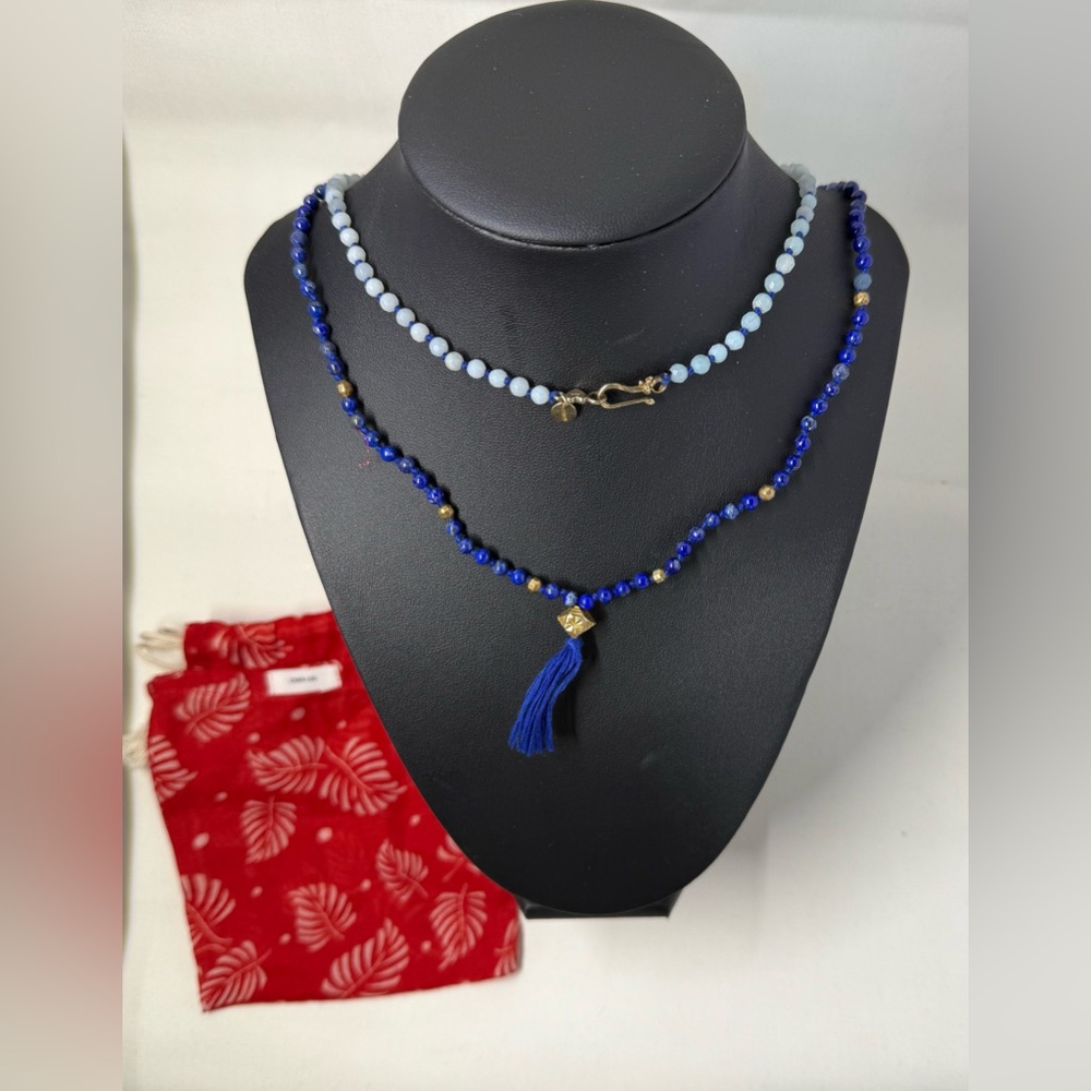 Chan Luu Blue and Gold Beaded Necklace with Tassel